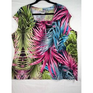 Links Wmns XL Tropical Palm‎ Leaf Square Neck Sleeveless Blouse Pink Blue cruise